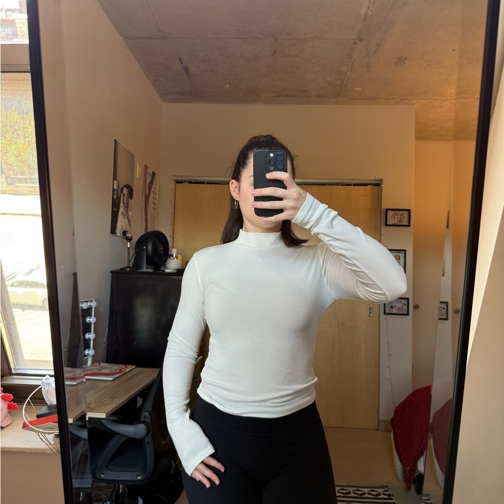 Women's White Long Sleeve Top with Mock Neck